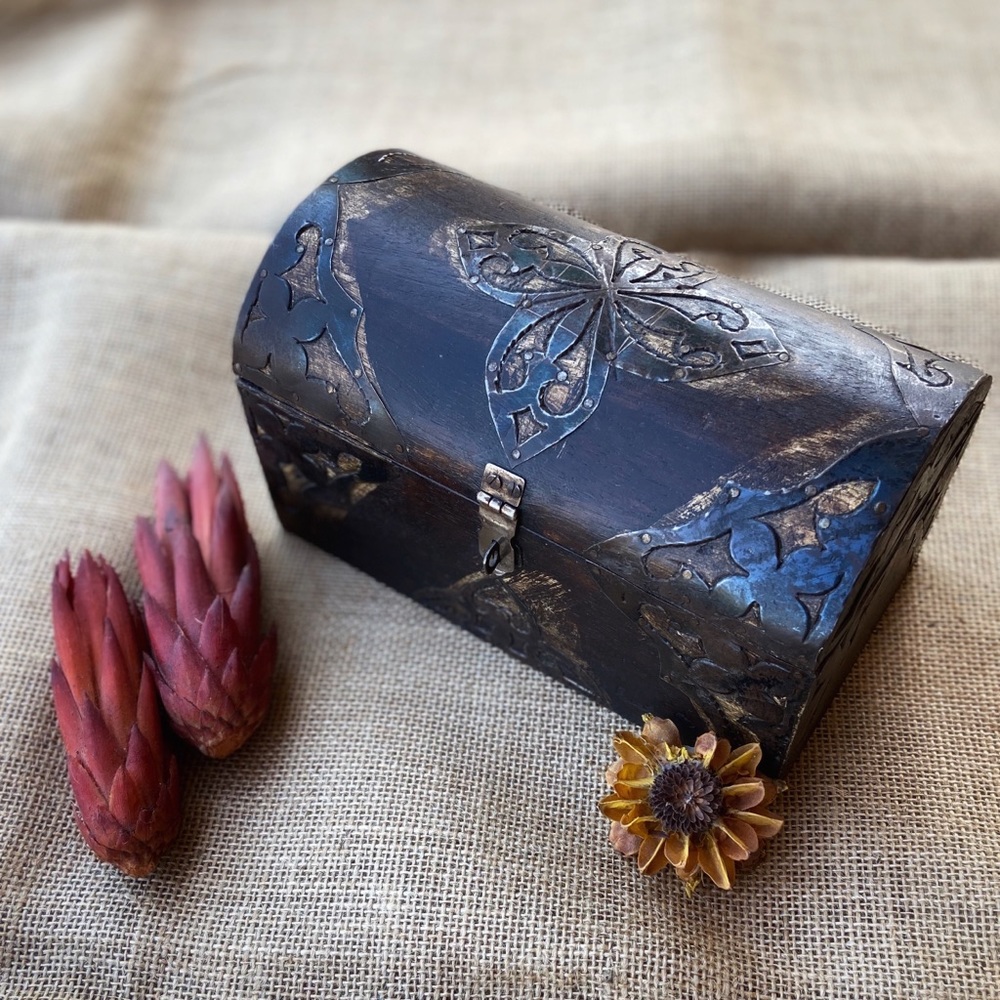 Handcrafted Wooden Nightstand Box with Metal Floral Accents